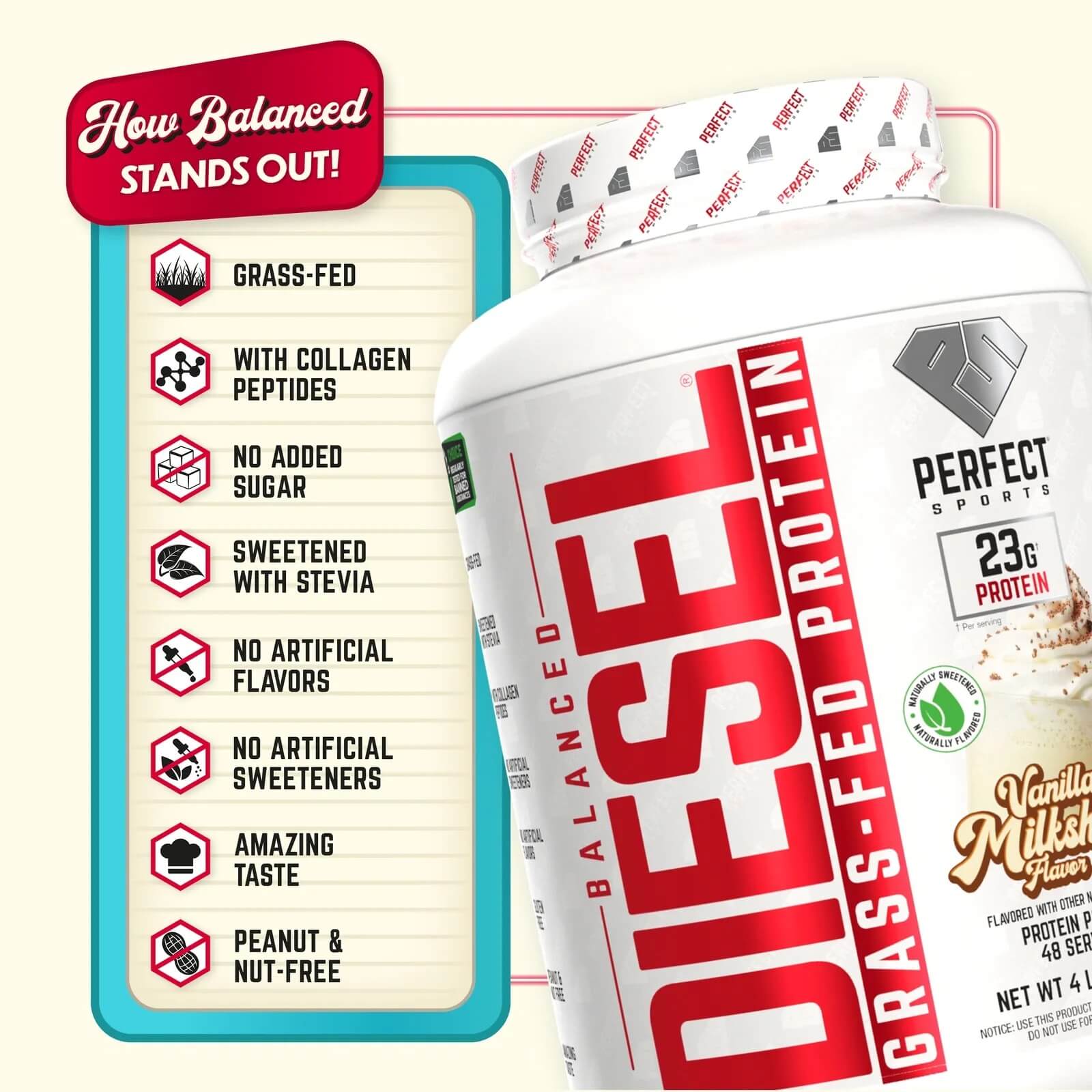 How Balanced Diesel Stands Out - Grass-Fed, With Collagen Peptides, No Added Sugar, Sweetened with Stevia, No Artificial Flavors or Sweeteners, Amazing Taste, Peanut & Nut-Free