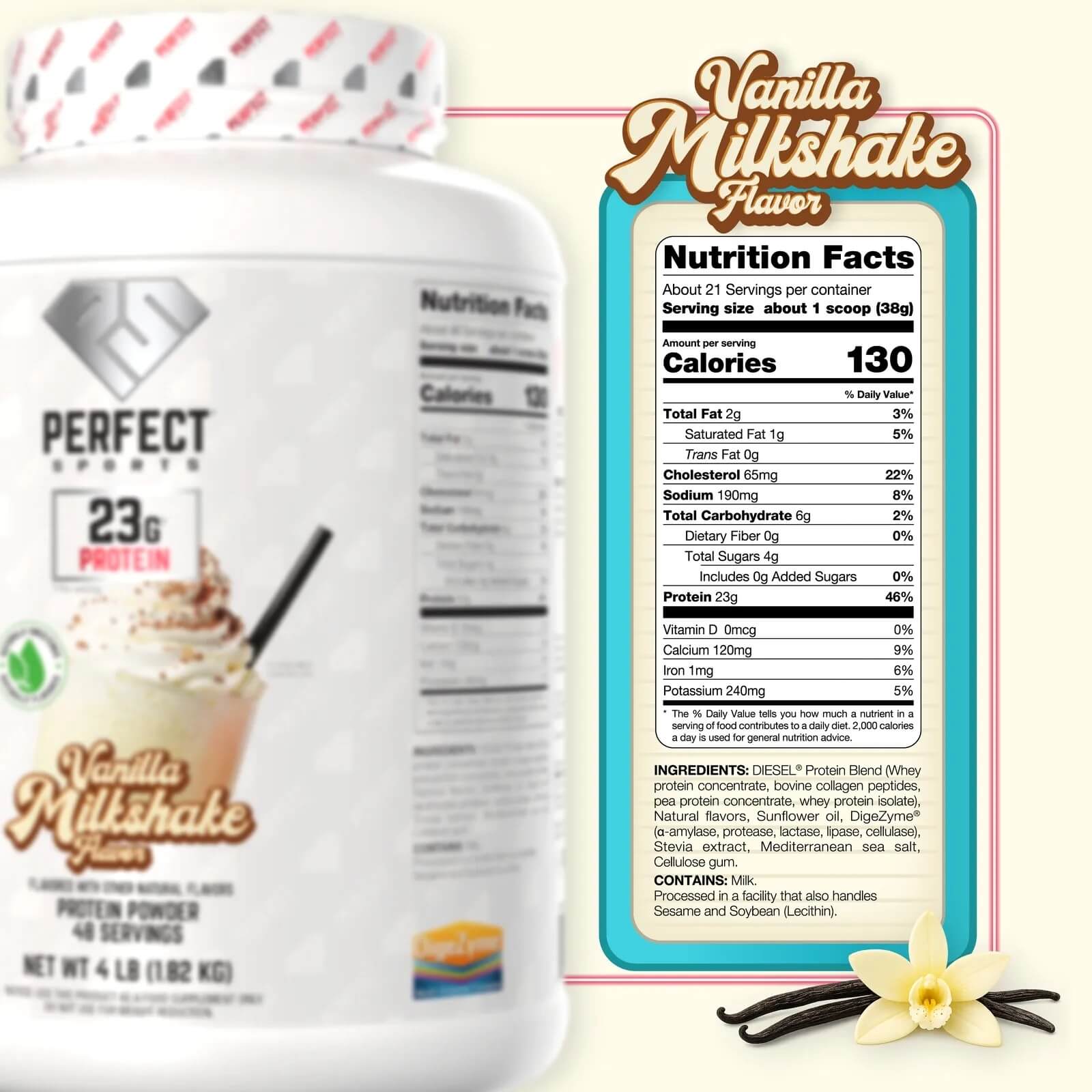 Balanced Diesel Vanilla Milkshake Flavor Nutrition Facts - 130 Calories and 23g Protein Per Scoop