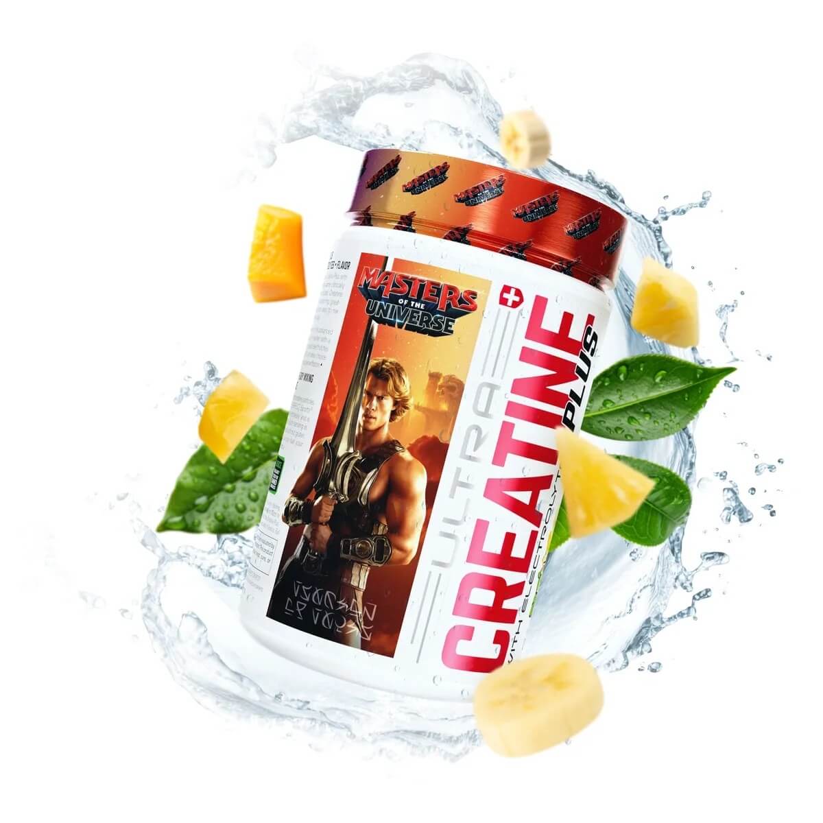 Ultra Creatine Plus Tropical Punch bottle splashing with water, fruit, and leaves