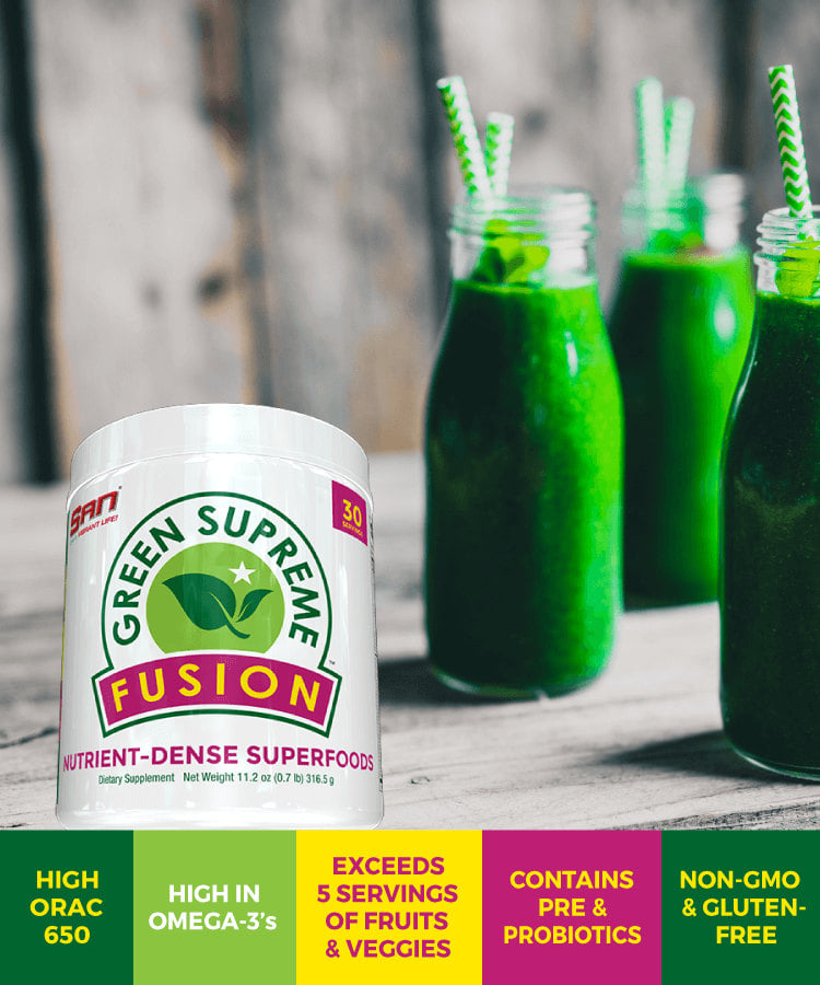 Green Supreme Fusion Product Bottle shot with 4 glass jars