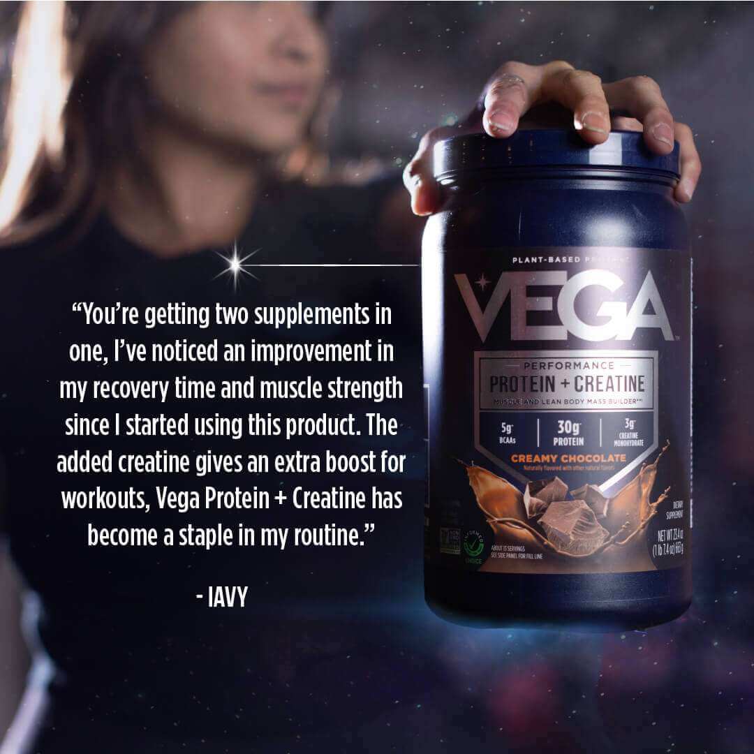 A person holding a tub of Vega Performance Protein + Creatine next to a customer testimonial about the product's benefits for recovery and workouts